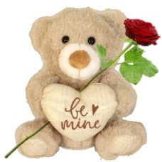 Teddy bear Be Mine approx. 23 cm (Teddy bear approx. 23 cm Be Mine with a glitter in his fur + fresh red rose + 140 grams of heart chocolate in a red candy box)